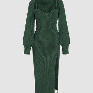 KNIT SOLID CAMI SPLIT MIDI DRESS & SHRUG green